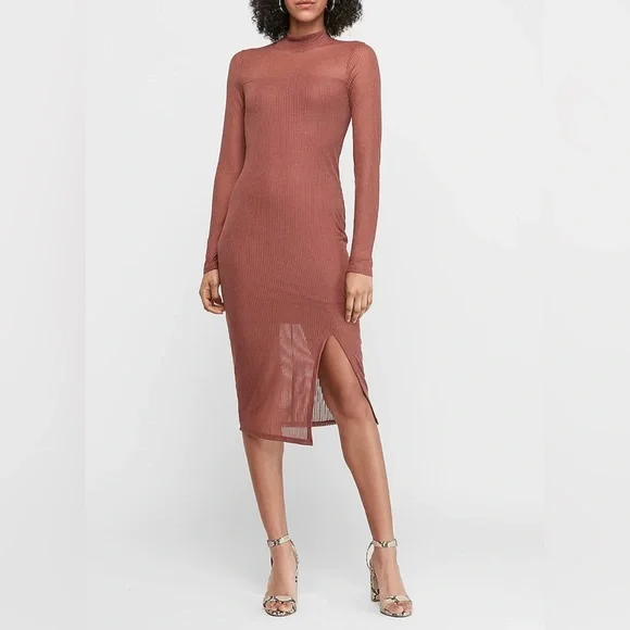 fitted lace wedding dress Women's Knit Ribbed Midi Dress L / Brown